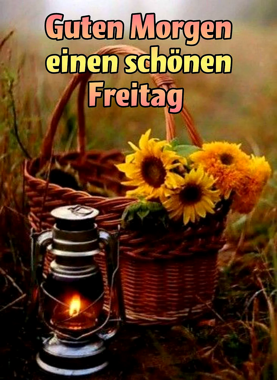 Ein Körbchen mit Sonnenblumen neben einer brennenden Laterne in einer Wiese.