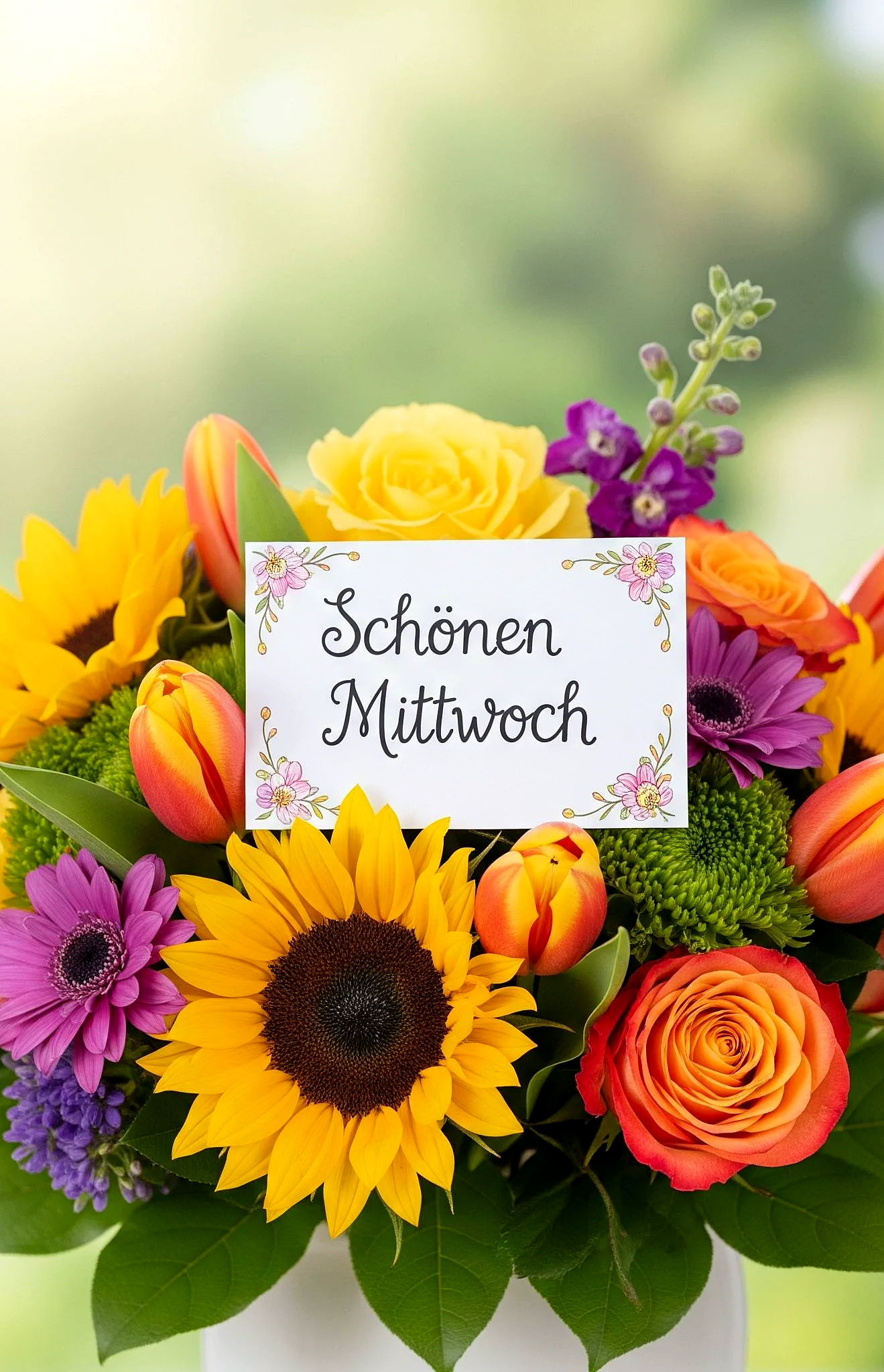 Ein Blumenstrauß mit Sonnenblumen, Tulpen, Rosen und anderen farbenfrohen Blumen in einer weißen Vase. Ein Schild in der Mitte des Straußes trägt den Text 'Schönen Mittwoch'.