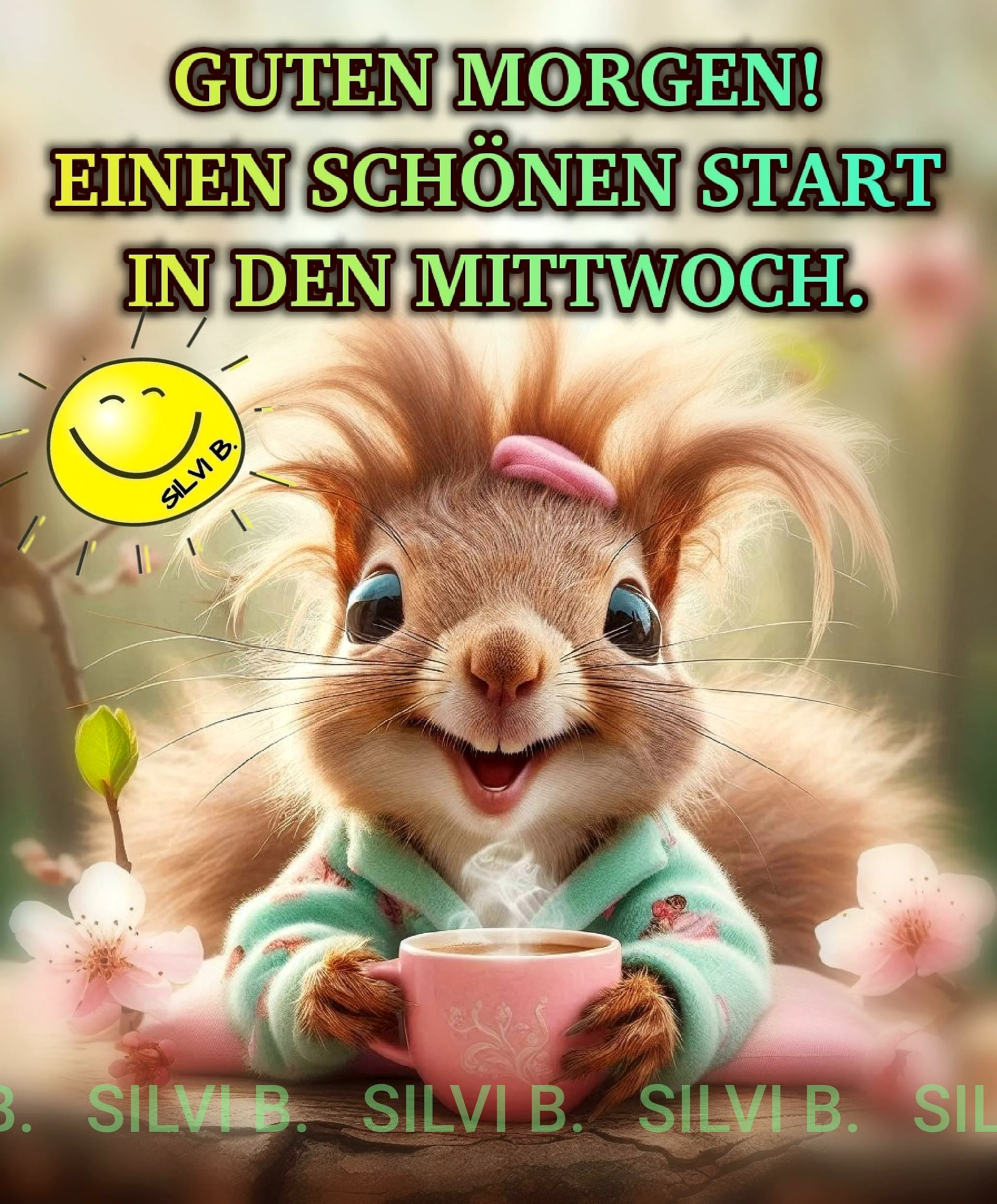 Ein Cartoon-Eichhörnchen mit einem rosa Haarschleifchen, in einem mintgrünen Pullover, hält eine rosa Kaffeetasse in den Pfoten. Es sitzt auf einem Felsen, umgeben von rosa Blumen und einem gelben Smiley.