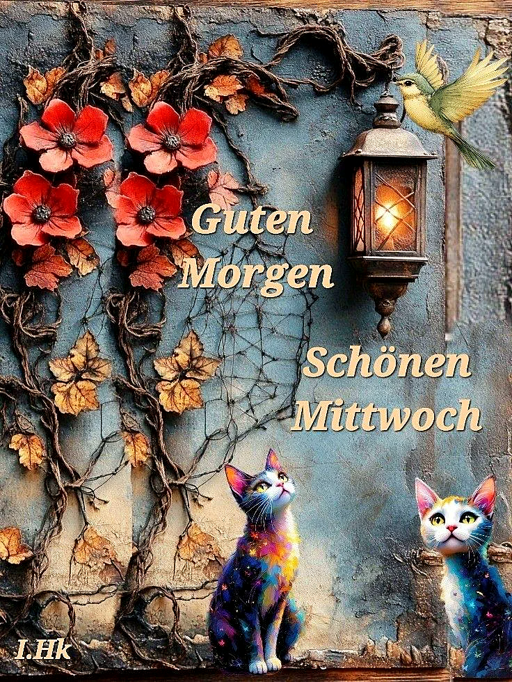 Ein farbenfrohes Bild mit zwei Katzen, die vor einer alten Wand sitzen. Die Wand ist überwachsen mit Blättern und hat eine Laterne und einen Vogel. Der Text 'Guten Morgen Schönen Mittwoch' ist in gelber Schrift oben auf dem Bild.