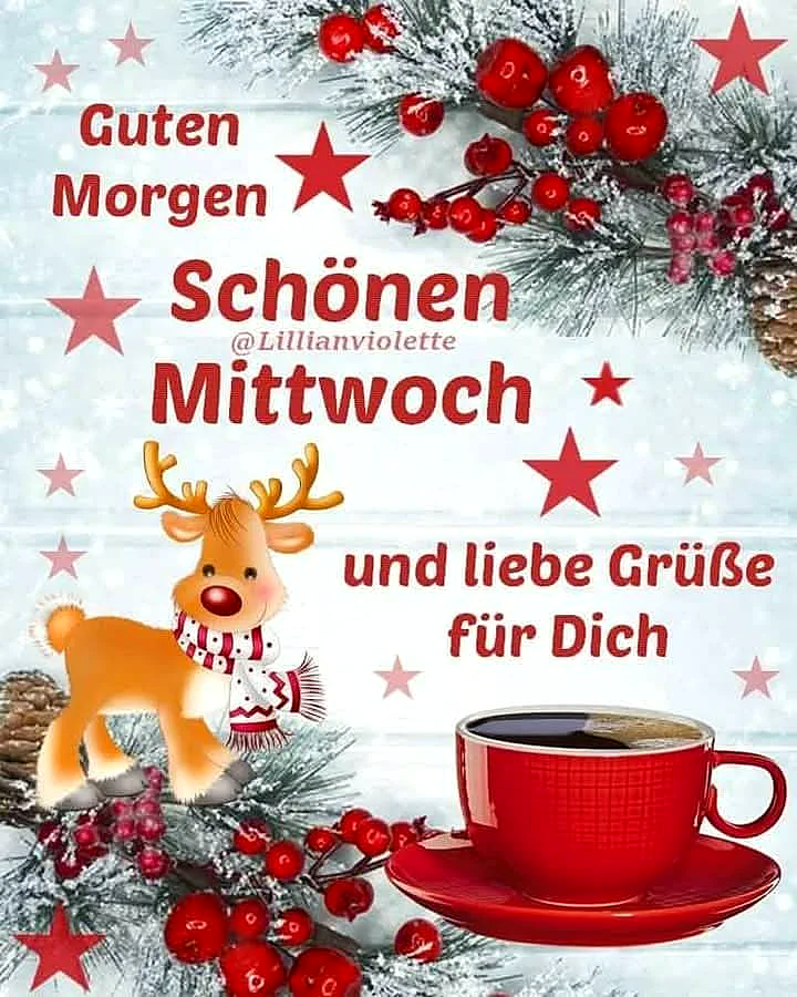 Ein Cartoon-Rentier mit Schal steht neben einem Weihnachtsbaum mit roten Beeren und einem roten Kaffeebecher auf einem Tisch, umgeben von roten Sternen und pinken Sternen auf einem hellblauen Hintergrund.
