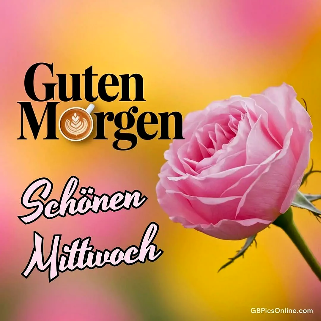 Ein rosa Rosenbild mit einer Tasse Kaffee und dem Text 'Guten Morgen, Schönen Mittwoch' auf einem gelb-pinken Hintergrund.