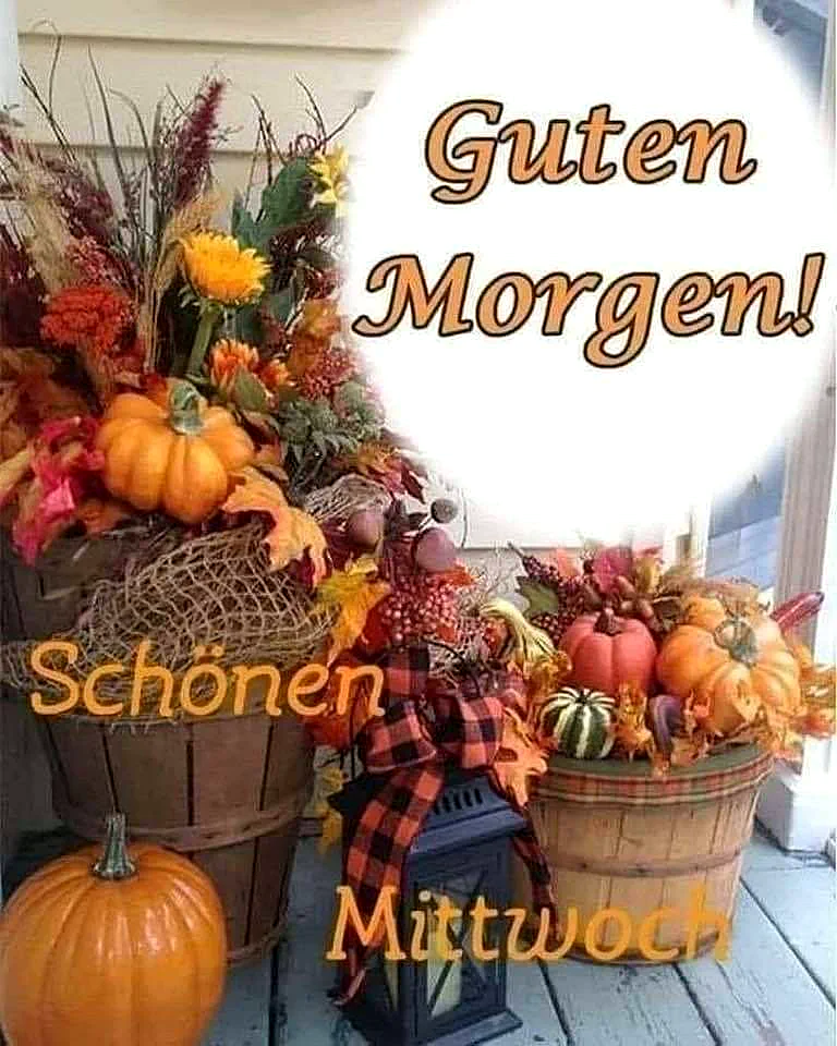 Ein herbstliches Arrangement mit zwei Holzkübeln, gefüllt mit Kürbissen, Blättern und Blumen in warmen Farben, ein kleiner Kürbis liegt vor den Kübeln, ein schwarzer Laterne mit rotem Plaid-Schal daneben, auf einem grauen Holzboden vor einer weißen Wand.