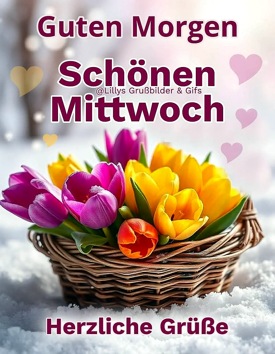 Ein Korb mit gelben, rosa und orangefarbenen Tulpen liegt im Schnee, umgeben von kleinen Herzchen.