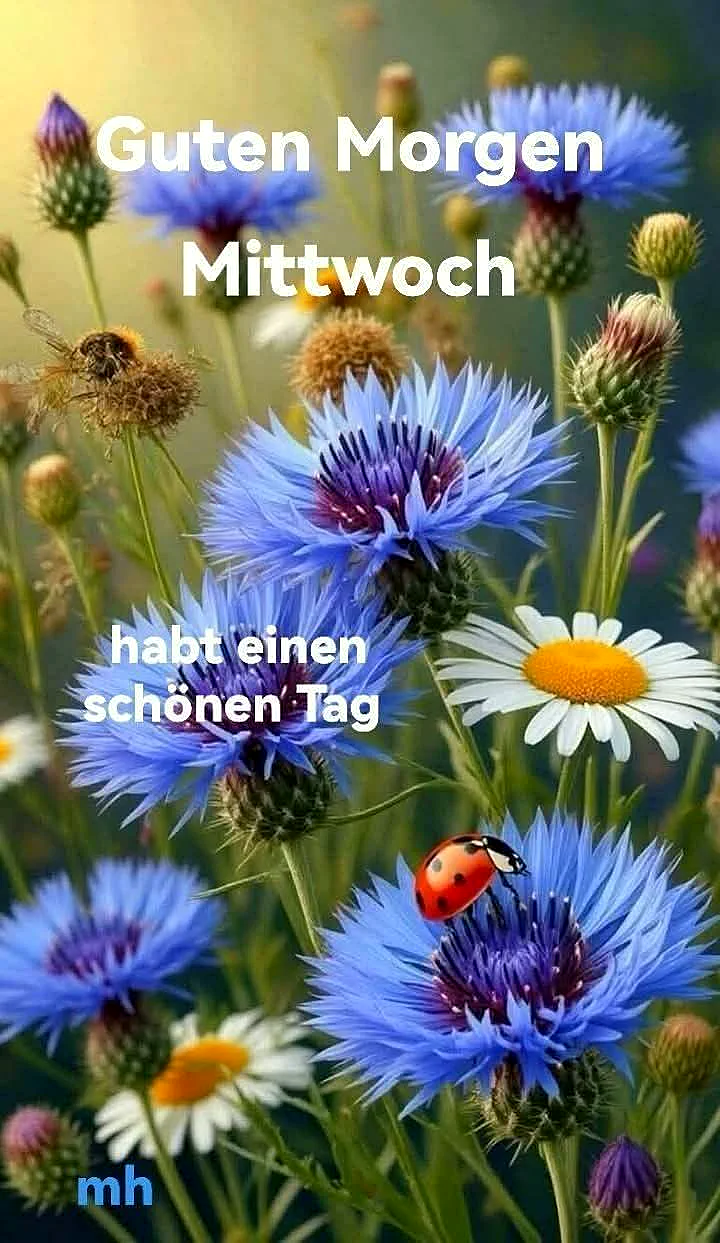 Ein Foto von bunten Blumen, darunter blaue Kornblumen und weiße Margeriten. Eine rote Marienkäfer sitzt auf einer blauen Blume. Der Hintergrund ist grün mit Sonnenlicht.