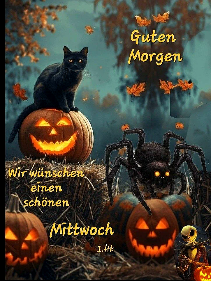 Ein schwarzer Kater sitzt auf einer beleuchteten Halloween-Kürbis, umgeben von weiteren Kürbissen, einem großen schwarzen Spinne und herabfallenden Blättern. Der Hintergrund zeigt eine herbstliche Atmosphäre mit Bäumen und einem dunklen Himmel.