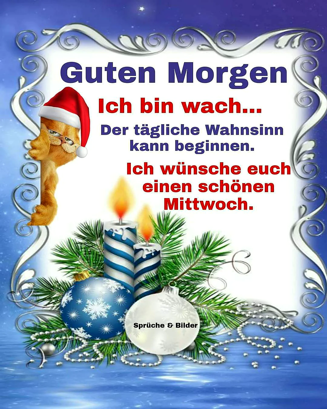 Ein humorvolles Bild mit einem orangefarbenen Kater, der einen Weihnachtshut trägt, neben einer Dekoration aus Tannen Zweigen, WeihOrnamenten und zwei brennenden Kerzen auf einem blauen Hintergrund mit Sternen.