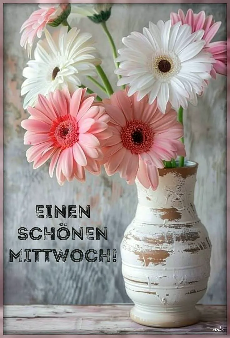 Ein Blumenstrauß aus rosa und weißen Gerbera in einem weißen, vintagefarbenen Vasen auf einem Holztisch. Die Blumen sind frisch und strahlen vor einem grauen Hintergrund.