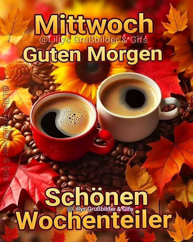 Ein herbstliches Bild mit zwei Kaffeetassen, umgeben von Kaffeebohnen, Sonnenblumen, Blättern und einem kleinen Kürbis. Die Tassen sind rot und weiß und stehen auf einem Haufen von Kaffeebohnen.