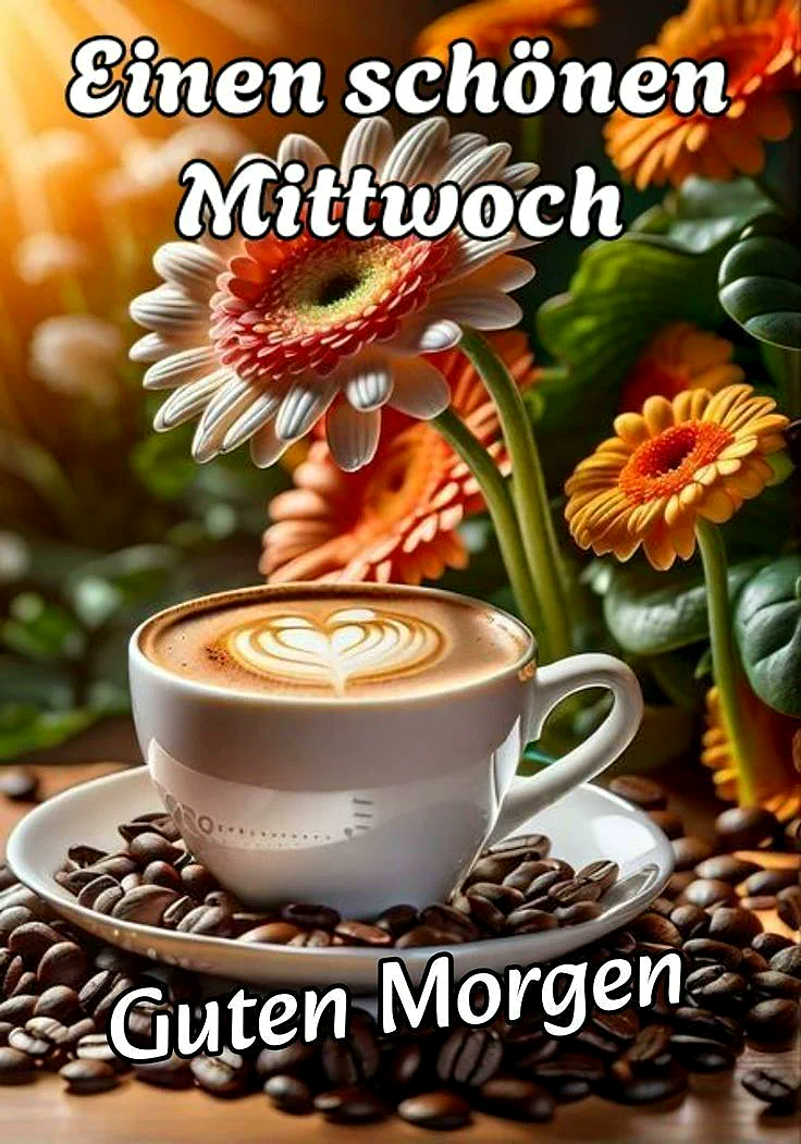 Ein Bild mit einer Tasse Kaffee auf einem Unterteller, umgeben von Kaffeebohnen, einer Blume mit weißen und orangefarbenen Blütenblättern und grünen Blättern im Hintergrund. Die Tasse hat ein Herz-Muster auf dem Kaffee.