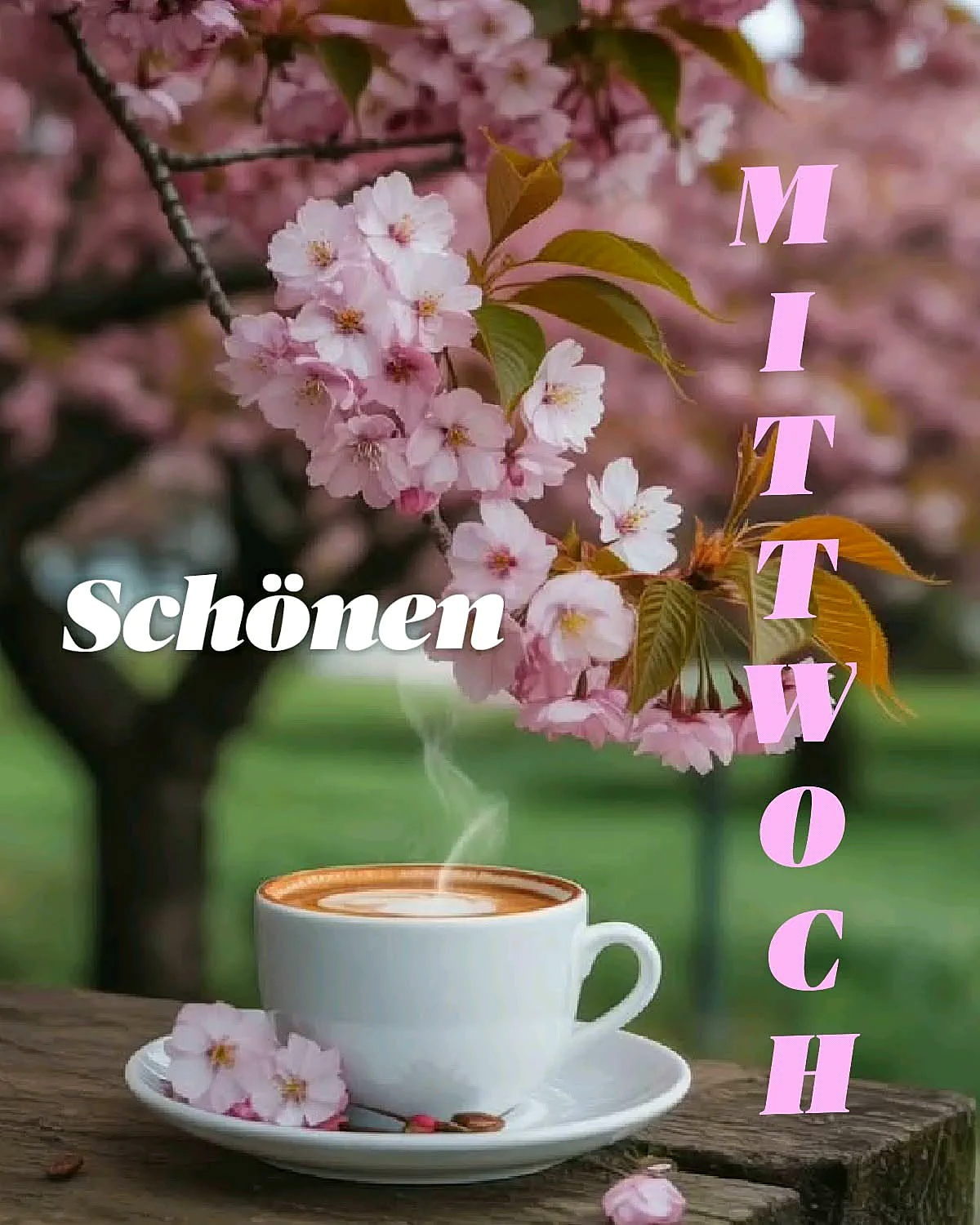 Ein weißer Kaffeebecher auf einem Holztisch unter einem blühenden Kirschbaum mit rosa Blüten, Dampf steigt aus dem Becher auf