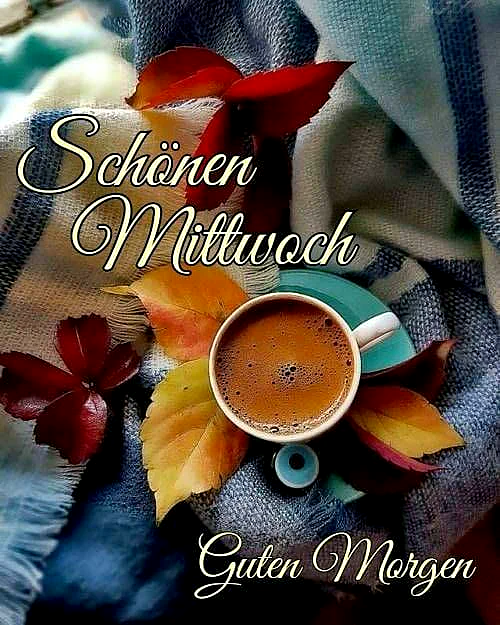 Ein herbstliches Bild mit einer Tasse Kaffee auf einem blauen Teller, umgeben von farbenfrohen Blättern auf einem gemütlichen Plaid-Tuch.