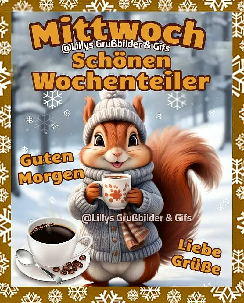 Ein süßes Eichhörnchen in Winterkleidung hält eine Tasse Kaffee und steht neben einer Tasse Kaffee auf einem Tablett mit Löffel und Kaffeebohnen, im Hintergrund ein verschneiter Wald.
