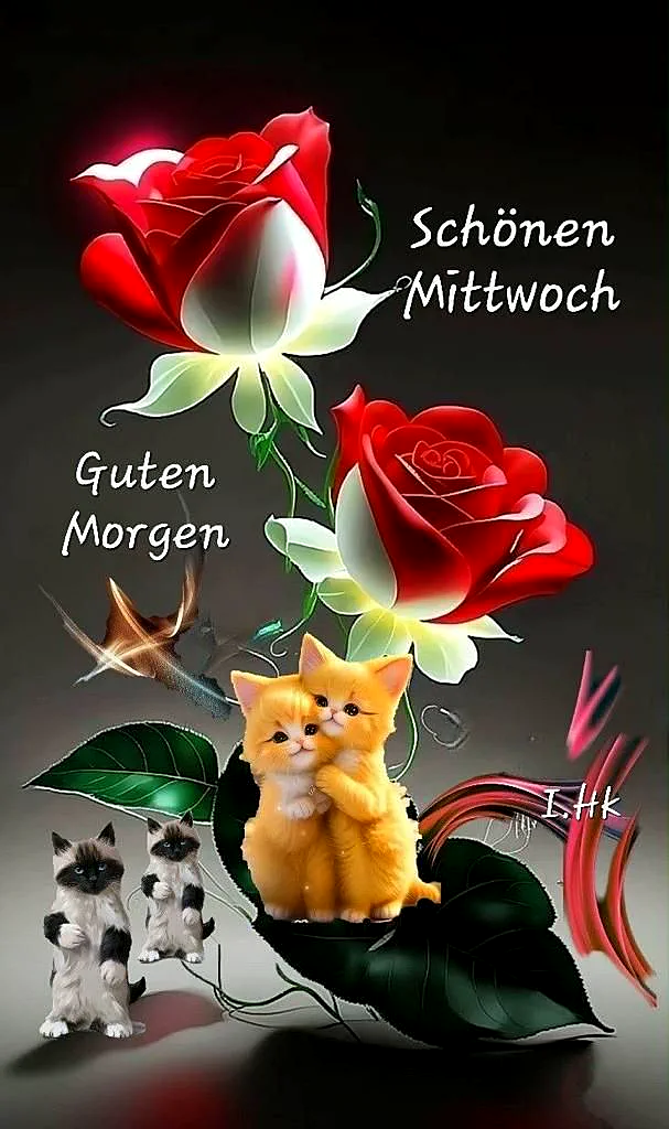 Ein digitales Bild mit zwei roten Rosen, drei Kätzchen und einem Vogel. Die Kätzchen sind auf einem Blatt und daneben stehen. Der Hintergrund ist dunkel mit einem leichten Farbverlauf.