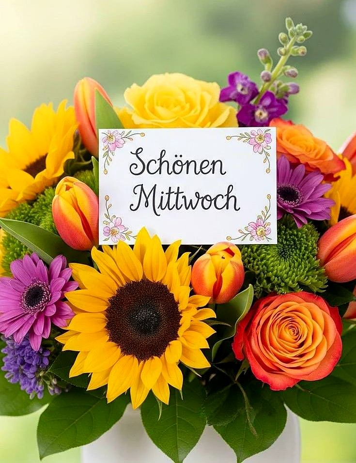 Ein bunter Blumenstrauß mit Sonnenblumen, Rosen, Tulpen und anderen Blumen in verschiedenen Farben, in der Mitte ein weißer Zettel mit der Aufschrift 'Schönen Mittwoch'.