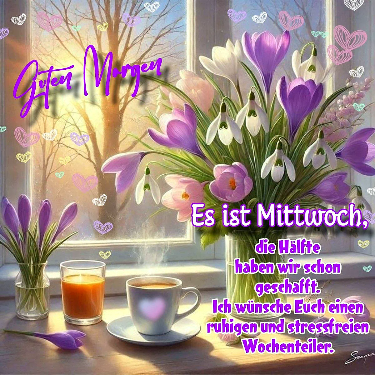 Ein frühlingshafter Morgen am Fenster mit einem Strauß aus lila Krokussen und weißen Schneeglöckchen. Eine dampfende Kaffeetasse und ein Saftglas stehen daneben. Der Text motiviert zur Wochenmitte.