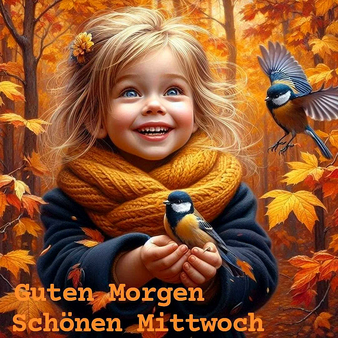 Ein kleines Mädchen mit blondem Haar und einem gelben Schal hält einen Vogel in den Händen. Der Vogel hat eine schwarze und gelbe Färbung. Im Hintergrund sind viele gelbe und orange Blätter an Bäumen zu sehen. Ein weiterer Vogel fliegt im Hintergrund.