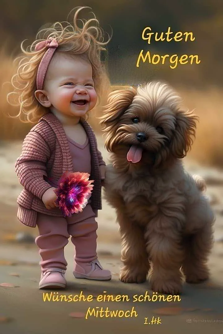 Ein kleines Mädchen mit blondem Haar und einem rosa Kopfband, das neben einem kleinen braunen Hund steht. Das Mädchen hält eine Blume in der Hand und lächelt.