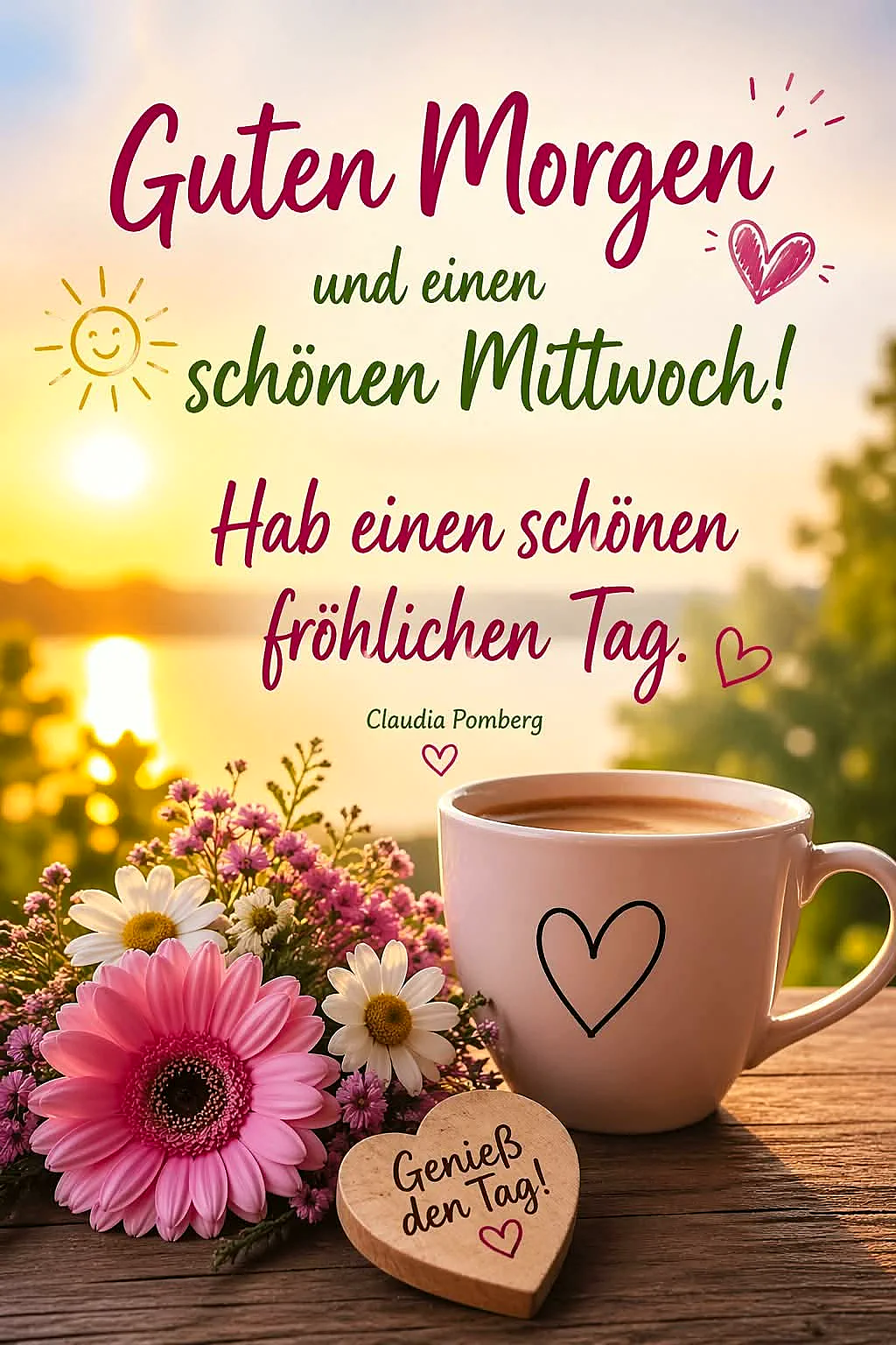 Ein sonniger Morgen mit einer Tasse Kaffee, Blumen und einem herzförmigen Schild mit der Aufschrift 'Genieß den Tag!'. Im Hintergrund ein sonniger Himmel.