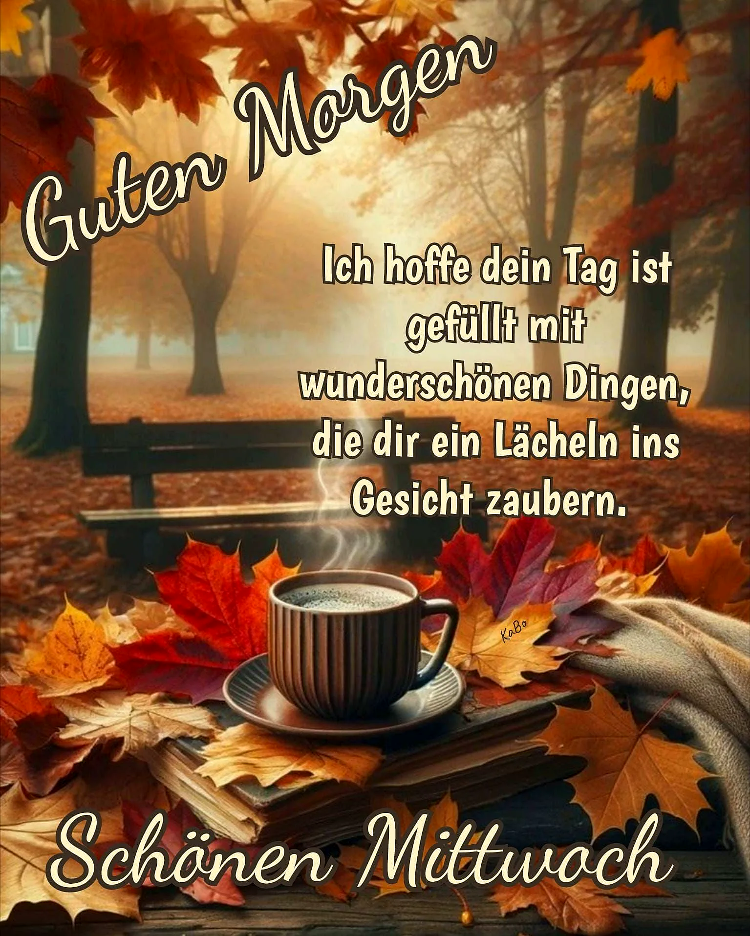 Ein herbstlicher Waldweg mit bunten Blättern, ein dampfender Kaffee auf einem Tisch, ein Buch und ein gemütlicher Morgen.