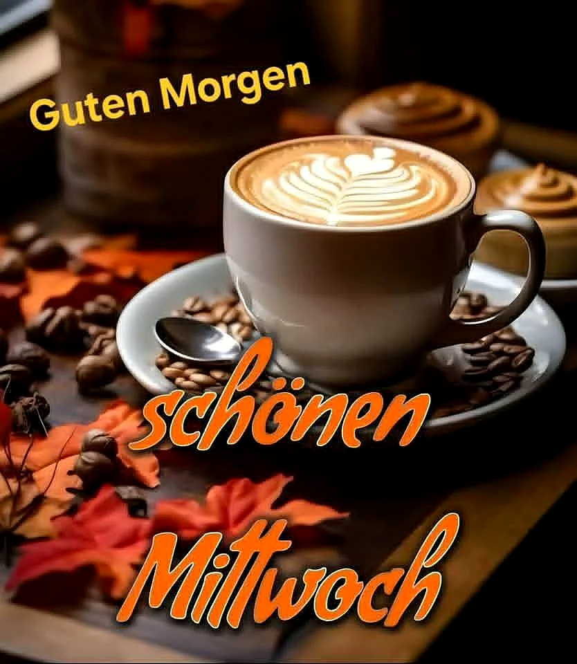 Ein Kaffee in einer weißen Tasse auf einem Herbsttisch, umgeben von Kaffeebohnen und Blättern. Im Hintergrund zwei weitere Tassen mit Kaffee. Die Tasse ist mit einer Herz-Dekoration gefüllt.
