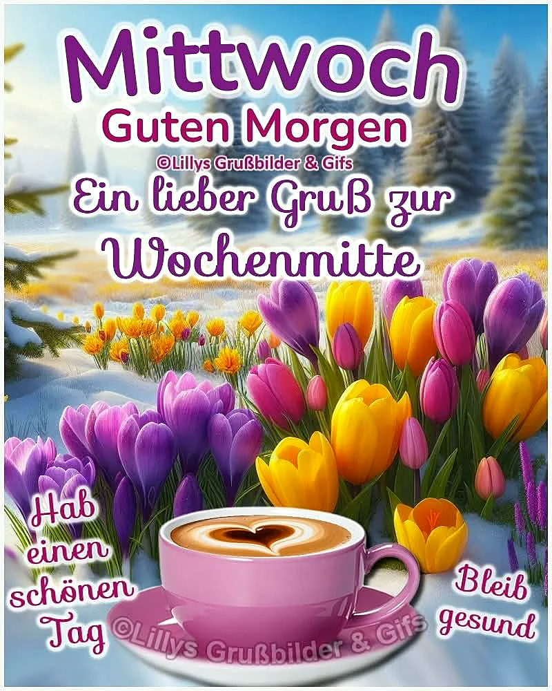 Ein winterliches Bild mit Tulpen in den Farben Lila, Gelb und Rosa, die aus dem Schnee ragen. Eine rosa Kaffeetasse mit Herz-Milchschaum steht im Vordergrund. Der Himmel ist blau und die Sonne scheint.