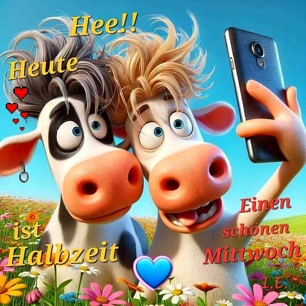 Zwei lustige Zeichentrick-Kühe mit witzigen Frisuren machen ein Selfie auf einem blühenden Blumenfeld. Eine Kuh hält ein Smartphone, die andere zwinkert frech. Sonnige, fröhliche und humorvolle Wochenmitte-Stimmung.