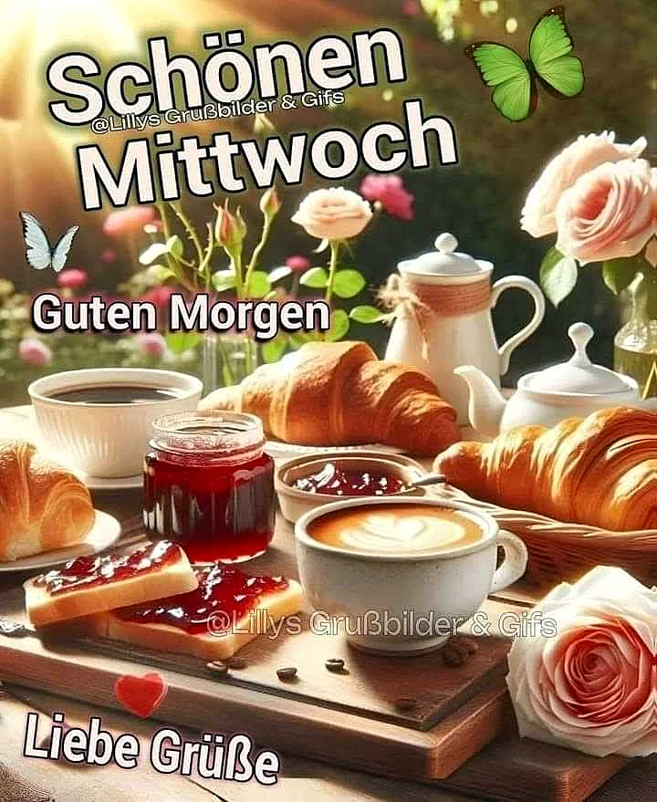 Ein Frühstückstablett mit zwei Tassen Kaffee, Croissants, Marmelade und Blumen im Hintergrund. Ein grüner Schmetterling und ein weißer Vogel sind auch sichtbar.