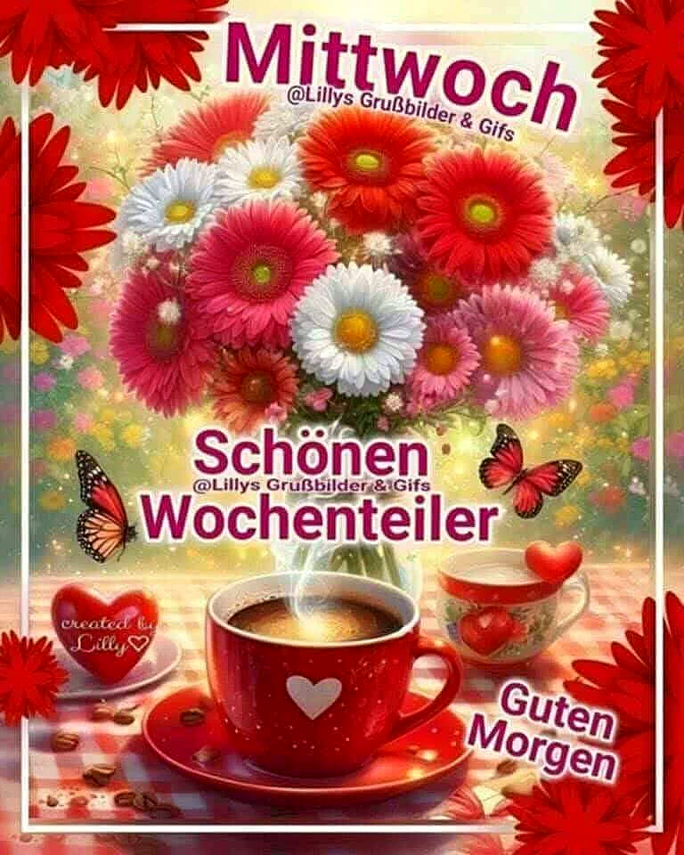 Ein farbenfrohes Bild mit einer Vase voller rosa, roter und weißer Blumen, zwei roten Kaffeetassen mit Herzmotiv, Schmetterlingen und einem Tisch im Freien. Der Himmel ist hell und sonnig.