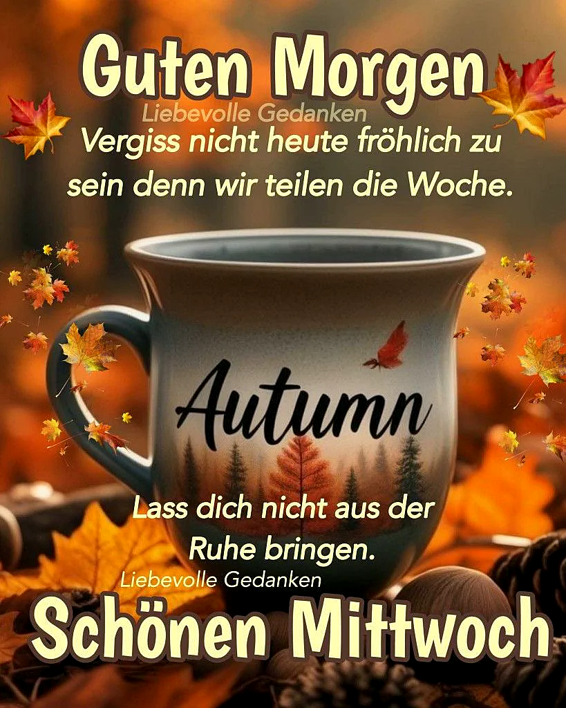 Ein herbstliches Bild mit einem Kaffeebecher, auf dem 'Autumn' steht, umgeben von fallenden Blättern und einem warmen, orangefarbenen Hintergrund.