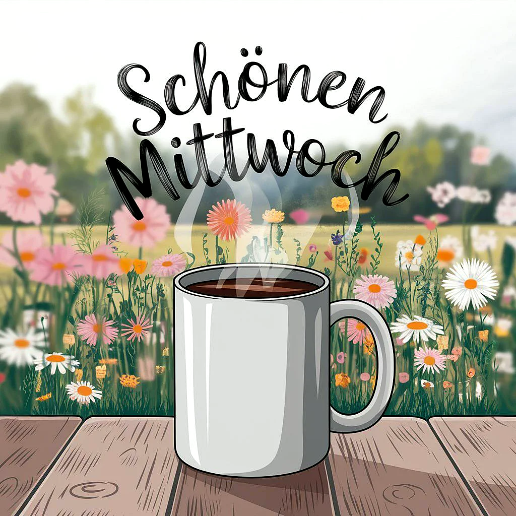 Ein weißer Kaffeebecher auf einem Holztisch vor einem Feld mit farbenfrohen Blumen. Der Becher ist fast voll mit dunklem Kaffee und hat aufsteigende Dampfschwaden.