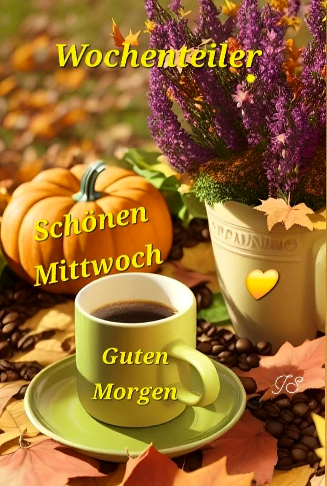 Ein grüner Kaffee in einer Tasse auf einem Herbstblatt, neben einem kleinen Kürbis und einer Vase mit violetten Blumen, umgeben von Kaffeebohnen und Herbstlaub.