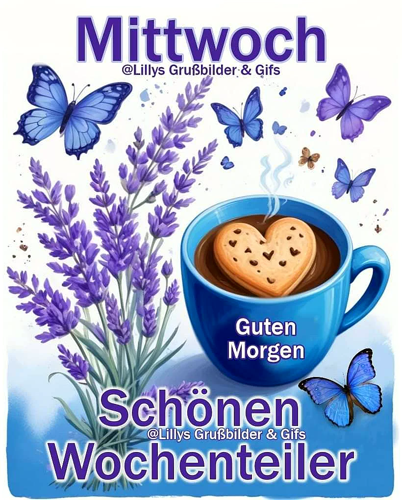 Ein blaues Kaffeebecher mit Herz-Keksen, umgeben von Lavendelblüten und blauen Schmetterlingen auf weißem Hintergrund.