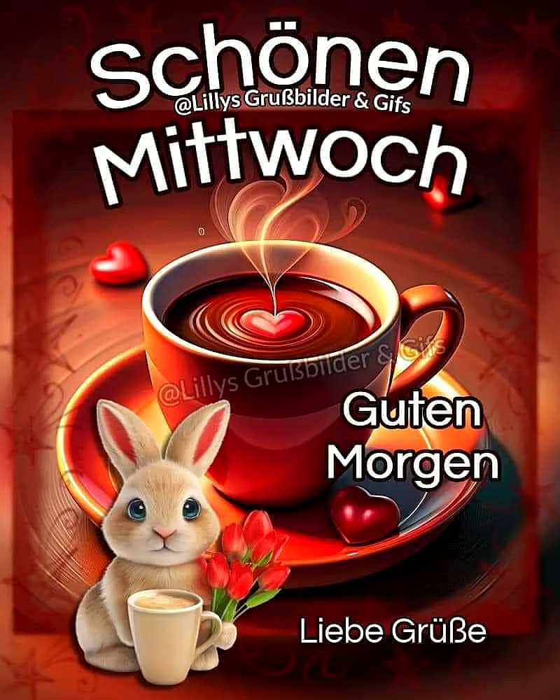 Ein digitales Bild mit einer Tasse Kaffee, die ein Herzsymbol auf der Oberfläche trägt, daneben ein Hase mit einer kleinen Tasse Kaffee und Tulpen, vor einem warmen, roten Hintergrund mit Herzen.