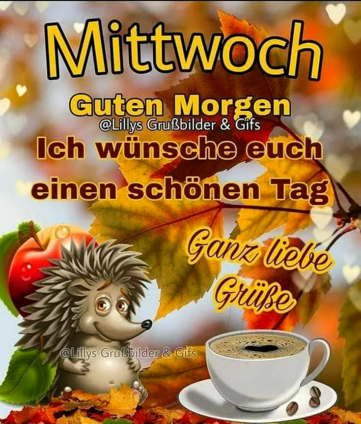 Ein Cartoon-Igel sitzt auf Blättern, hält einen Apfel, neben einer Tasse Kaffee, umgeben von Herbstblättern und kleinen Herzen