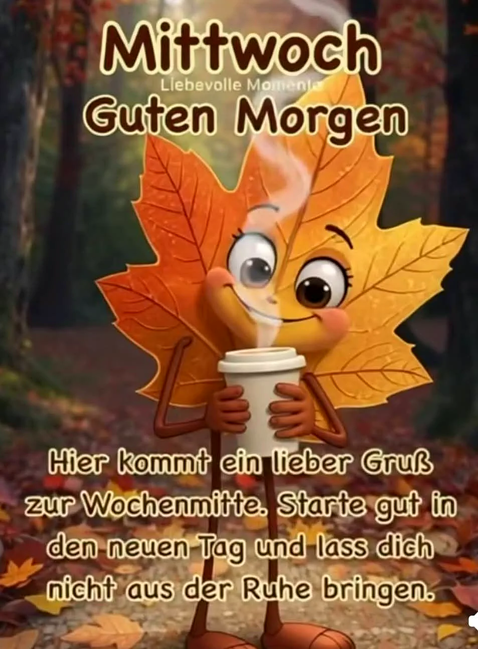 Ein fröhliches Cartoon-Herbstblatt mit großen Augen hält eine dampfende Tasse Kaffee, umgeben von bunten Blättern auf einem Waldweg. Die Szene vermittelt eine warme, ermutigende Stimmung für den Mittwochmorgen.