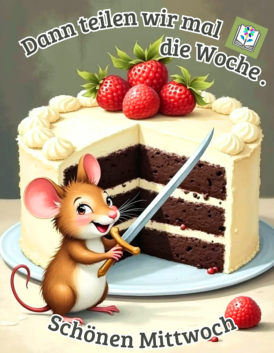 Eine fröhliche Maus mit Schwert teilt einen Schokoladenkuchen mit Erdbeeren. Symbolisiert die Wochenmitte mit humorvollem Aufatmen. Ein süßer Gruß für einen schönen Mittwoch.