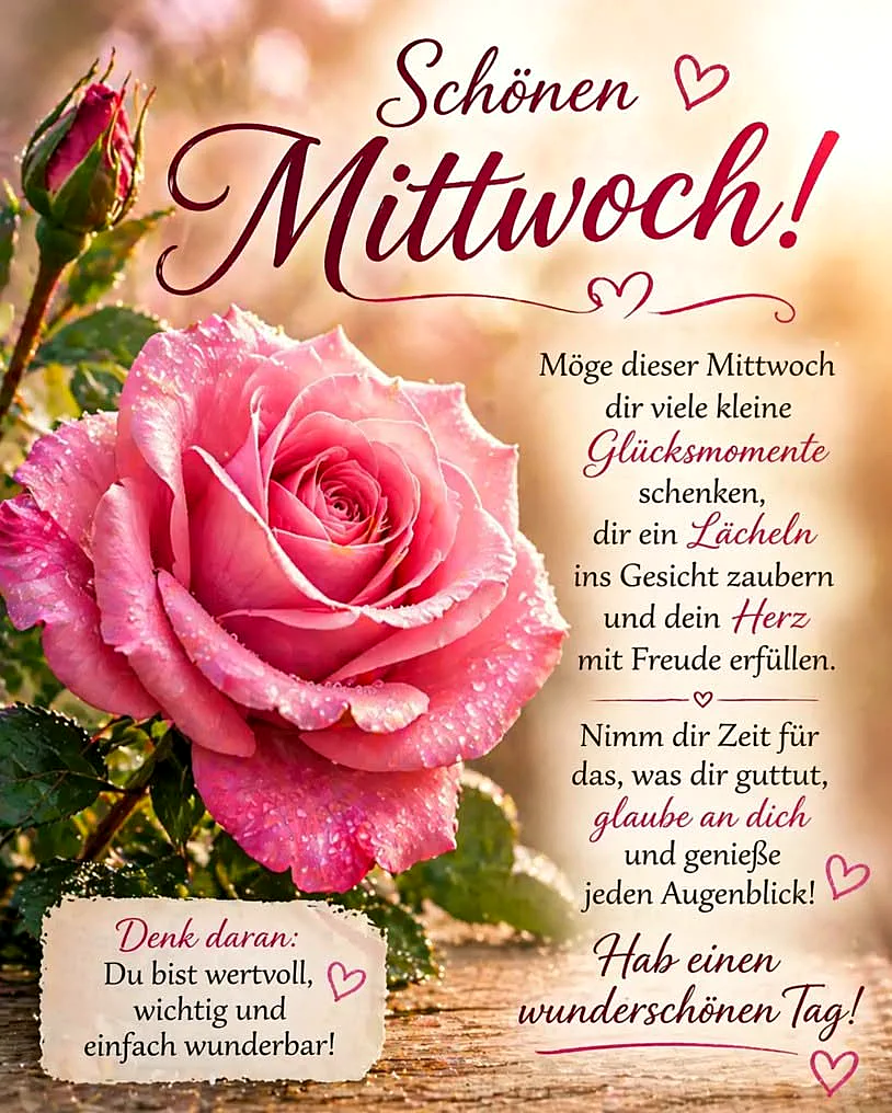 Ein Bild mit einer schönen rosa Rose, daneben ein Rosenknospe, auf einem Holzstamm, im Hintergrund ein verschwommener Garten. Der Text 'Schönen Mittwoch!' ist in roter Schrift oben auf dem Bild geschrieben.