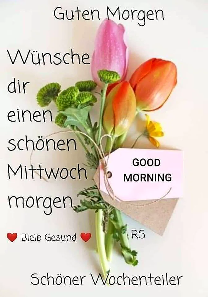 Ein Blumenstrauß mit Tulpen in den Farben Rosa und Orange, ein paar gelbe Blüten und grüne Blätter, zusammengebunden mit einer Schnur und einem kleinen, rechteckigen, rosa Karton mit der Aufschrift 'GOOD MORNING'