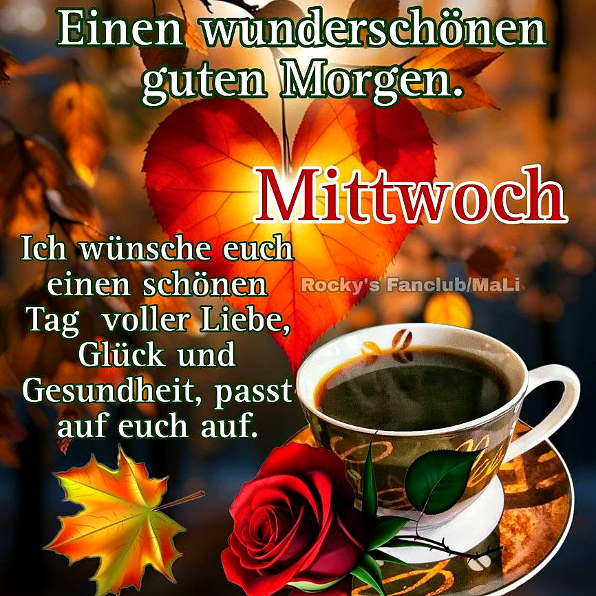 Ein Bild mit einer Tasse Kaffee, einer roten Rose und Herbstblättern, im Hintergrund ein sonniger Morgen.