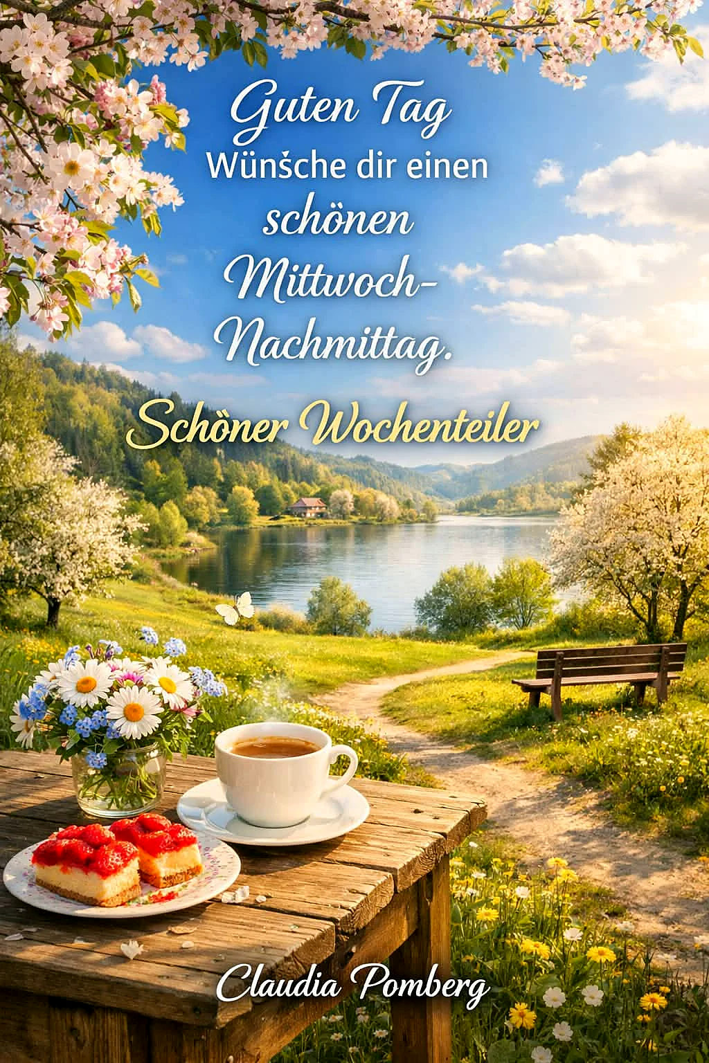 Ein idyllischer Garten mit einem See, Blumen, einem Tisch mit Kaffee und Kuchen, und einer Bank unter blühenden Bäumen an einem sonnigen Tag.