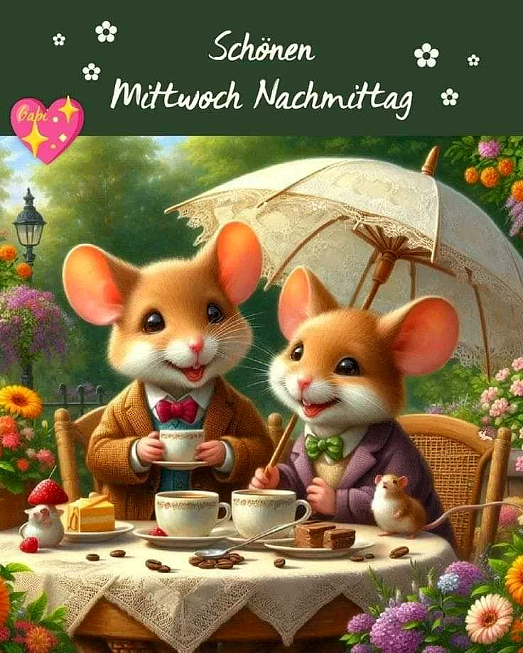 Ein digitales Gemälde von zwei Mäusen, die in einem Garten unter einem Sonnenschirm sitzen und Kaffee trinken. Sie sind elegant gekleidet und umgeben von Blumen, Kuchen und Kaffee.