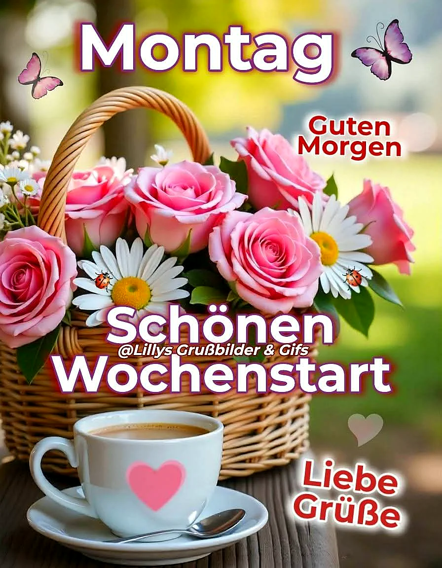 Ein Korb mit rosa Rosen und weißen Daisies, ein Kaffeebecher mit rosa Herz auf einem Holztisch, Schmetterlinge und Marienkäfer, grüne Natur im Hintergrund