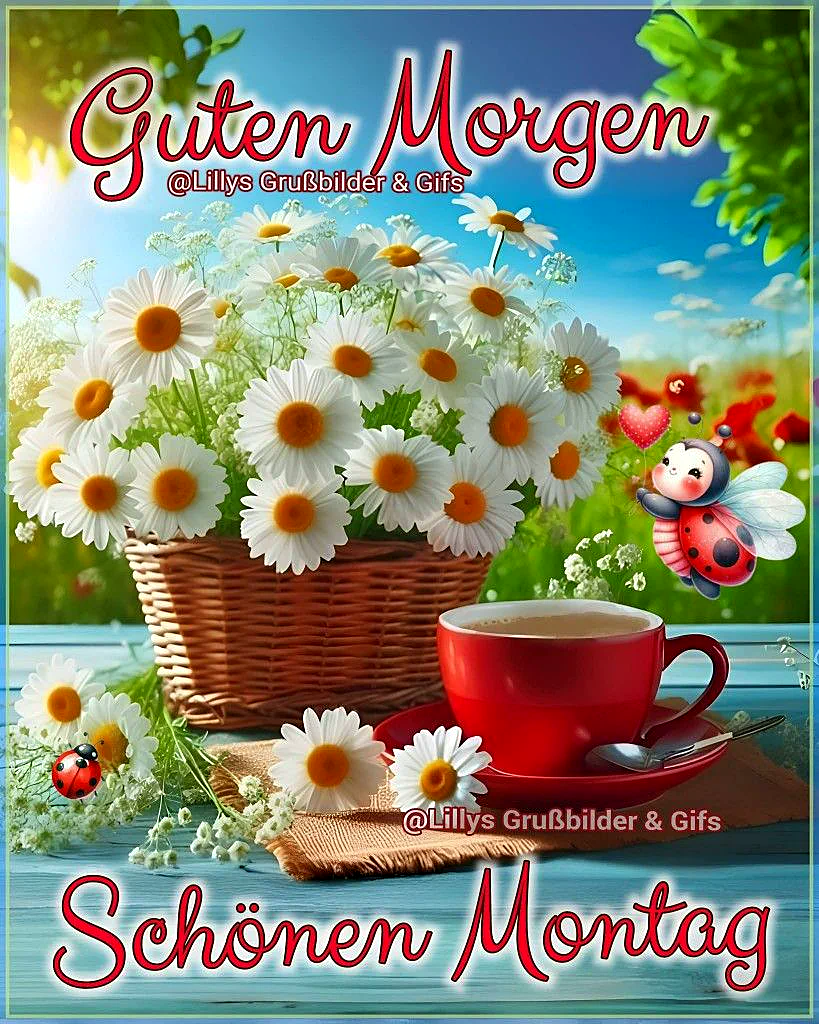 Ein Bild mit einem Korb voller weißer Blumen, einer roten Tasse Kaffee und einem kleinen Marienkäfer, vor einem blauen Himmel mit grünen Blättern.