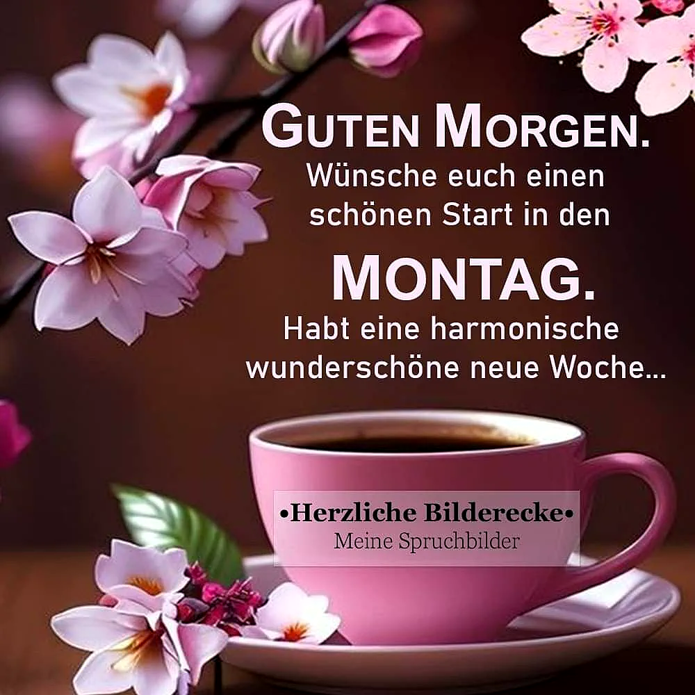 Ein rosa Kaffeebecher auf einem weißen Teller, umgeben von rosa Blumen, vor einem dunklen Hintergrund. Der Becher ist voll Kaffee und hat einen schwarzen Textaufdruck.