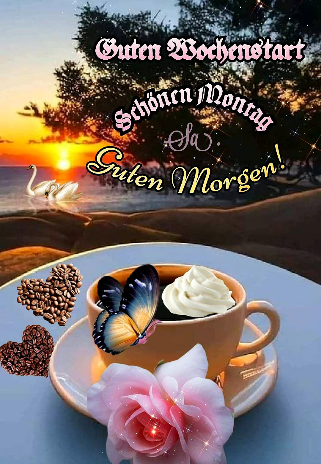 Ein sonniger Morgen am Strand mit einer Tasse Kaffee, einem Schmetterling, einer Rose und Kaffeebohnen, im Hintergrund Schwäne und ein Sonnenaufgang.
