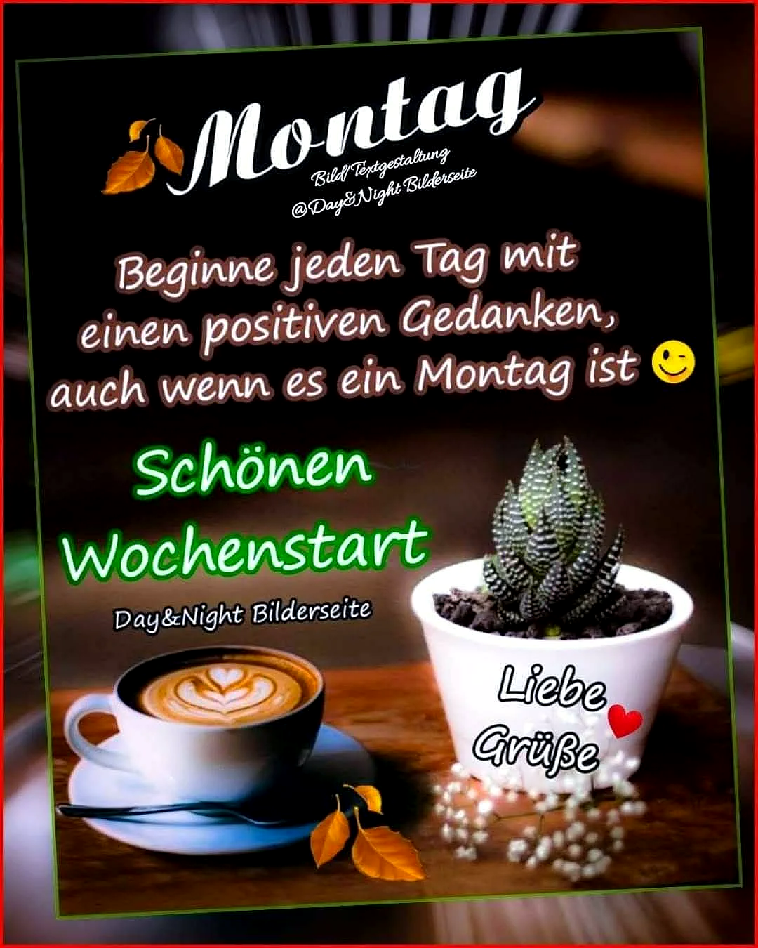 Ein Foto zeigt eine Tasse Kaffee mit einer Herz-Musterung auf dem Schaum, neben einem kleinen grünen Kaktus in einem weißen Topf auf einem Holztisch. Im Hintergrund fallen einige Herbstblätter.