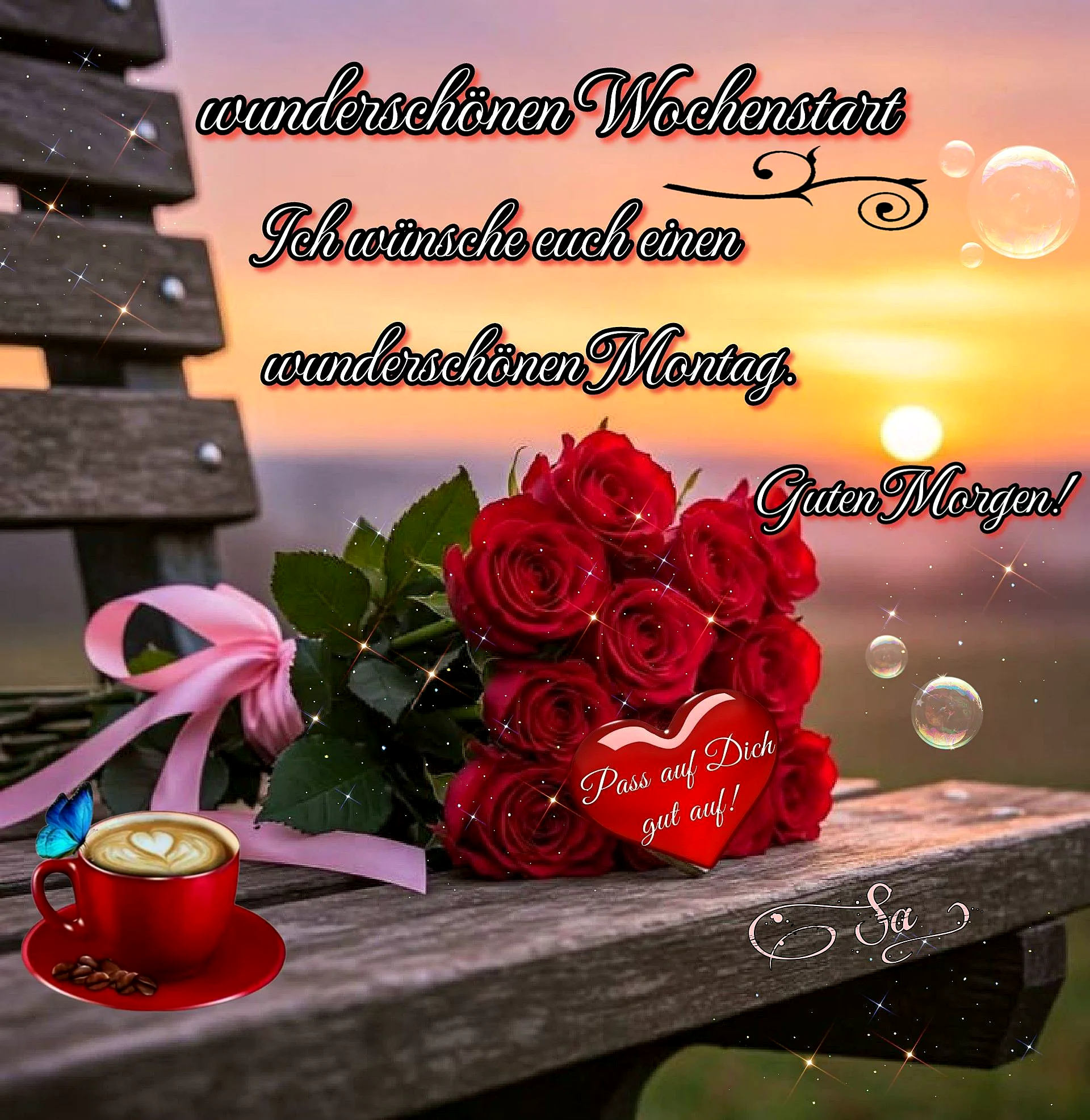 Ein Bild mit einem Rosenstrauß, einem roten Herz mit der Aufschrift 'Pass auf Dich gut auf!', einer Tasse Kaffee und einem pinken Geschenkband auf einem Holzstuhl vor einem Sonnenuntergang.