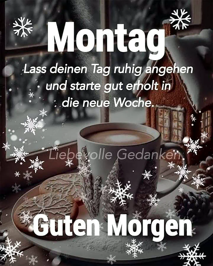 Eine gemütliche winterliche Szene mit einer dampfenden Kaffeetasse, umgeben von Plätzchen und Tannenzapfen, vor einem Fenster mit fallenden Schneeflocken und einem Lebkuchenhaus. Die warme Atmosphäre vermittelt einen ruhigen und motivierenden Montagsmorgen.