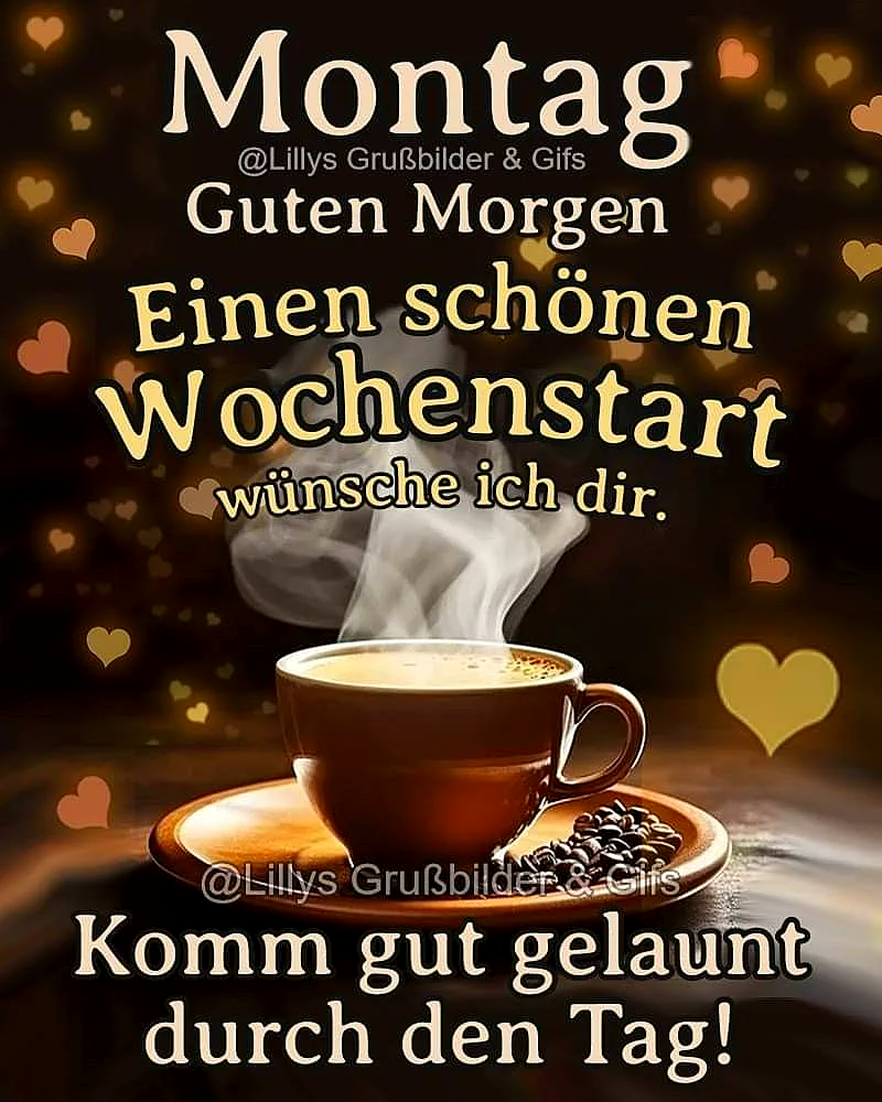 Ein dampfender Kaffeebecher auf einem Teller mit Kaffeebohnen, umgeben von goldenen Herzen auf dunklem Hintergrund. Der Text 'Montag Guten Morgen Einen schönen Wochenstart wünsche ich dir. Komm gut gelaunt durch den Tag!' ist in warmen Farben eingeblendet.